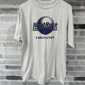 Vintage Hard Rock Cafe T-Shirt XL‎ White Teal Purple Vancouver Canada 1989 Flaw